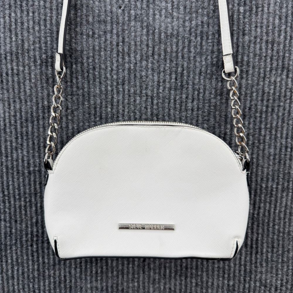 Steve Madden Womens White Saffiano Faux Leather Crossbody Bag Silver Chain Dome